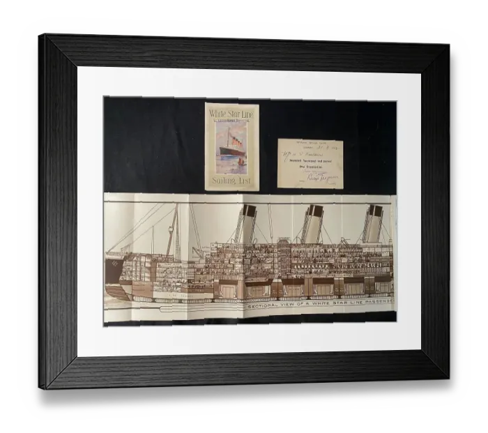 Framed Print : White Star Line - sailing list, ticket, cross-sectional view Framed Print : White Star Line - sailing list, ticket, cross-sectional view
