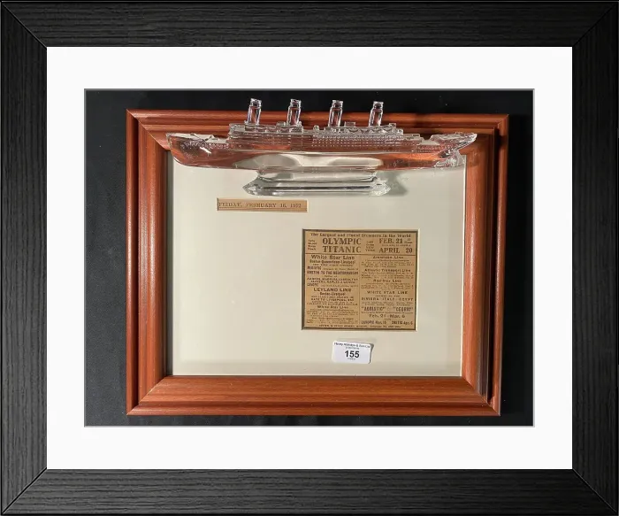 Framed Print : White Star Line, RMS Titanic - framed advert and glass model Framed Print : White Star Line, RMS Titanic - framed advert and glass model