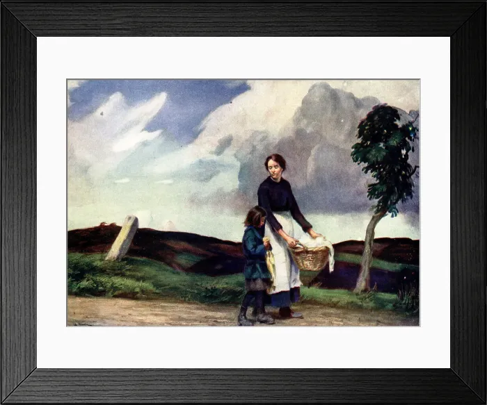 Framed Print : Monday. A watercolour painting showing a lady with a white apron Framed Print : Monday. A watercolour painting showing a lady with a white apron