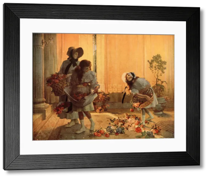 Framed Print : Letourdie. This painting depicts the scene of three happy girls, wearing white dresses Framed Print : Letourdie. This painting depicts the scene of three happy girls, wearing white dresses