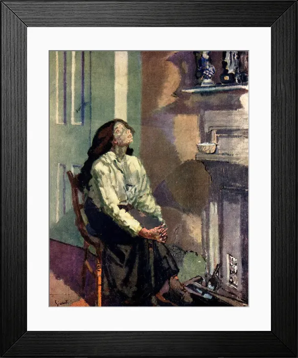 Framed Print : Suspense. This painting depicts a girl, eagerly sat on a chair in a living room Framed Print : Suspense. This painting depicts a girl, eagerly sat on a chair in a living room