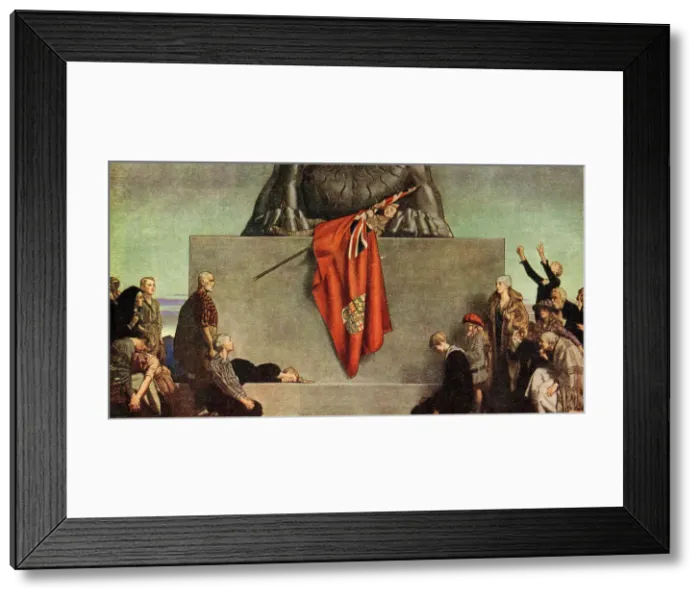 Framed Print : The Flag. An evocative painting of a soldier, who lay dead at the paws of a lion, Framed Print : The Flag. An evocative painting of a soldier, who lay dead at the paws of a lion,