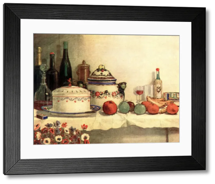 Framed Print : Blighty. A large still life oil painting showing a table laden with objects Framed Print : Blighty. A large still life oil painting showing a table laden with objects