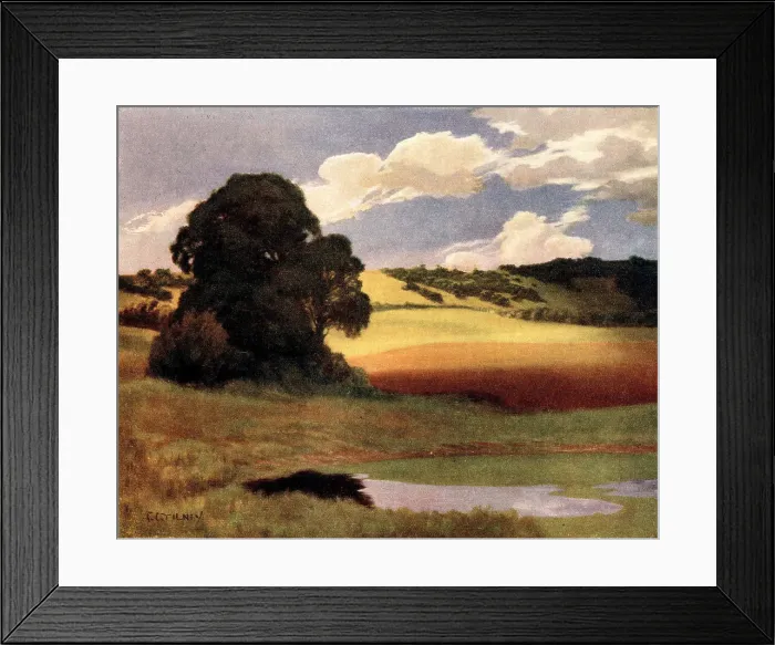 Framed Print : July Noon. A landscape oil painting of a small Framed Print : July Noon. A landscape oil painting of a small