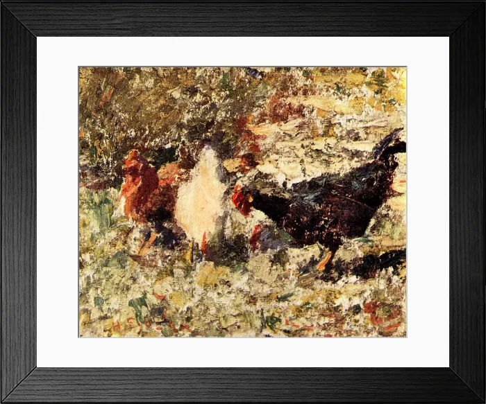 Framed Print : Peace. This oil painting showcases a trio of hens, coloured black, white Framed Print : Peace. This oil painting showcases a trio of hens, coloured black, white