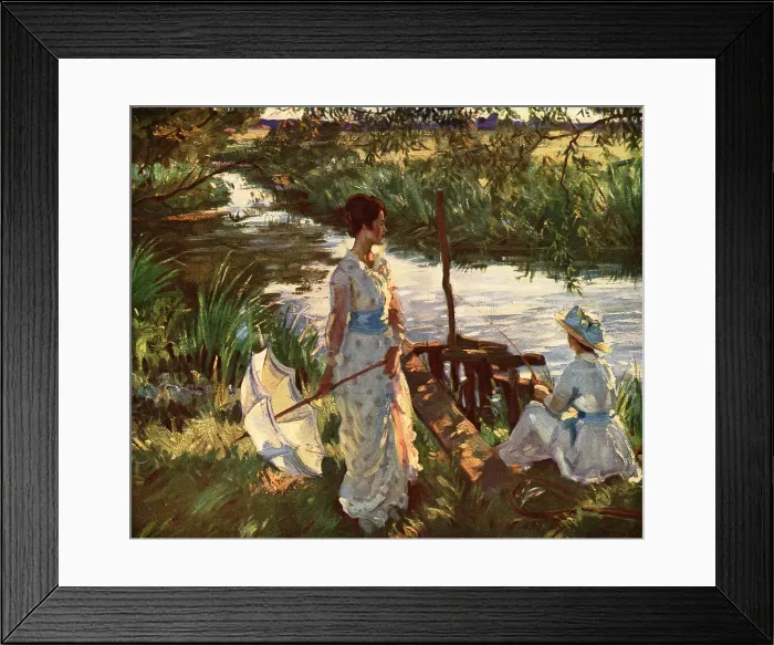 Framed Print : Fishing. A painting depicting a mother, wearing a pink spotted white dress Framed Print : Fishing. A painting depicting a mother, wearing a pink spotted white dress