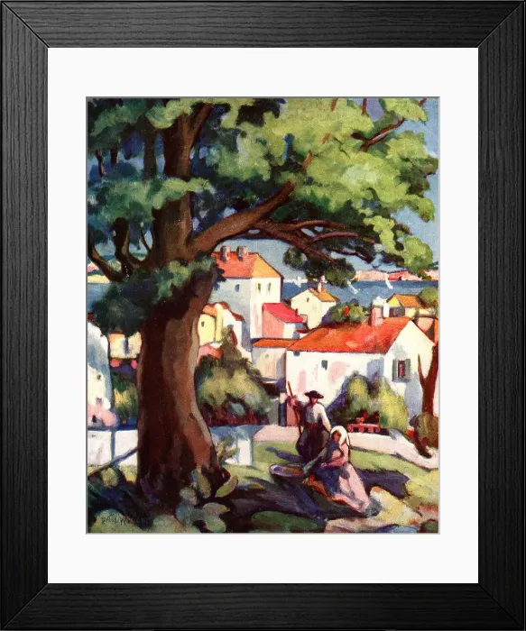 Framed Print : Corsica. A painting which shows a coastal town view of Corsica, in France Framed Print : Corsica. A painting which shows a coastal town view of Corsica, in France