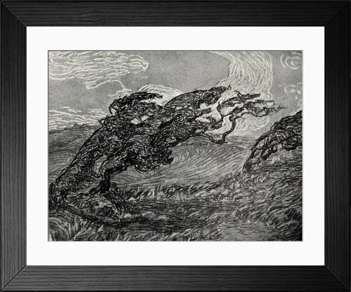 Framed Print : The Down. A landscape artwork of some windswept trees taking a beating Framed Print : The Down. A landscape artwork of some windswept trees taking a beating