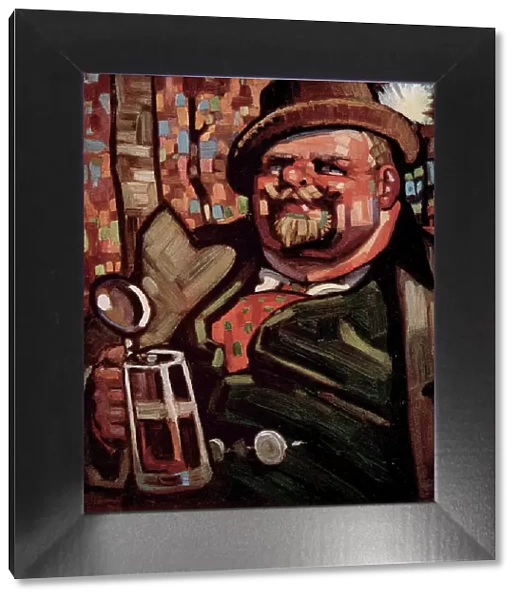 Beer. A painting of a rather large man, wearing a green waistcoat