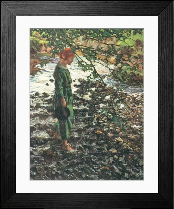 Framed Print : The Brook. A painting of a barefooted woman in a green outfit Framed Print : The Brook. A painting of a barefooted woman in a green outfit
