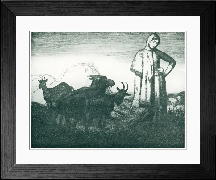 Framed Print : Marcela. An etching of a woman, with one hand on her hip Framed Print : Marcela. An etching of a woman, with one hand on her hip