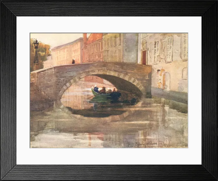 Framed Print : Grey. A painting of four figures inside a small green row boat Framed Print : Grey. A painting of four figures inside a small green row boat