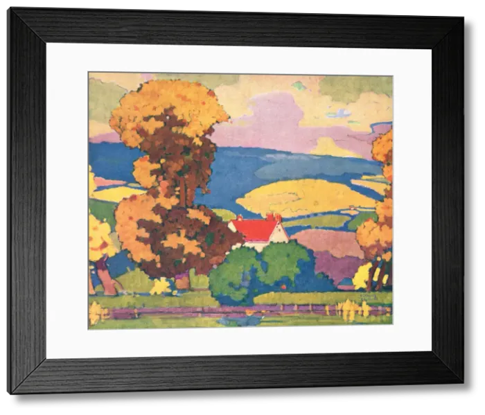 Framed Print : Autumn. A landscape painting of a red roofed countryside house Framed Print : Autumn. A landscape painting of a red roofed countryside house