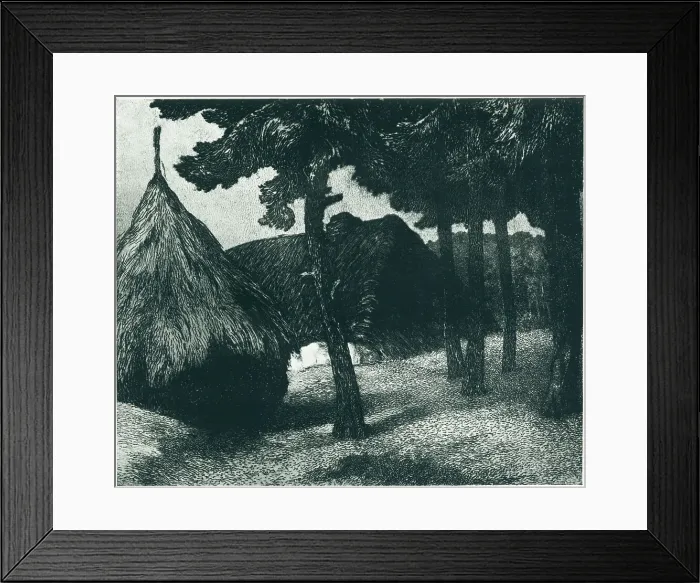 Framed Print : The Stack. A landscape lithograph of some giant haystacks placed among Framed Print : The Stack. A landscape lithograph of some giant haystacks placed among
