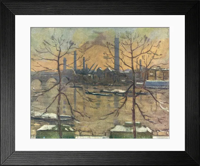 Framed Print : City View. This painting shows a view of an industrial city with smokestacks Framed Print : City View. This painting shows a view of an industrial city with smokestacks
