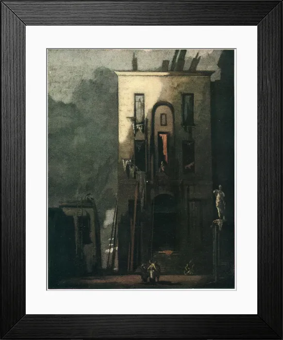 Framed Print : The Slum. A painting of a tall, ominous, derelict looking building with Framed Print : The Slum. A painting of a tall, ominous, derelict looking building with