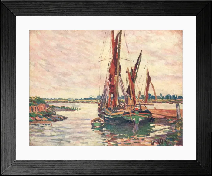 Framed Print : The Barge. A painting of a large green barge with red sails Framed Print : The Barge. A painting of a large green barge with red sails