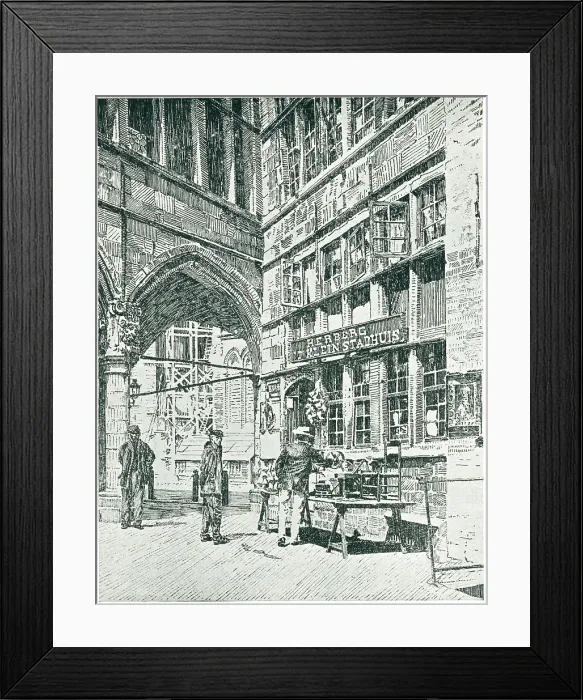 Framed Print : Ypres. A detailed etching or engraving of some people at a stall placed Framed Print : Ypres. A detailed etching or engraving of some people at a stall placed
