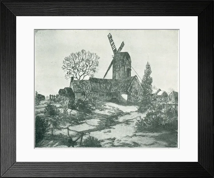 Framed Print : Windmill. An etching of a tall windmill, erected behind a group of simple Framed Print : Windmill. An etching of a tall windmill, erected behind a group of simple