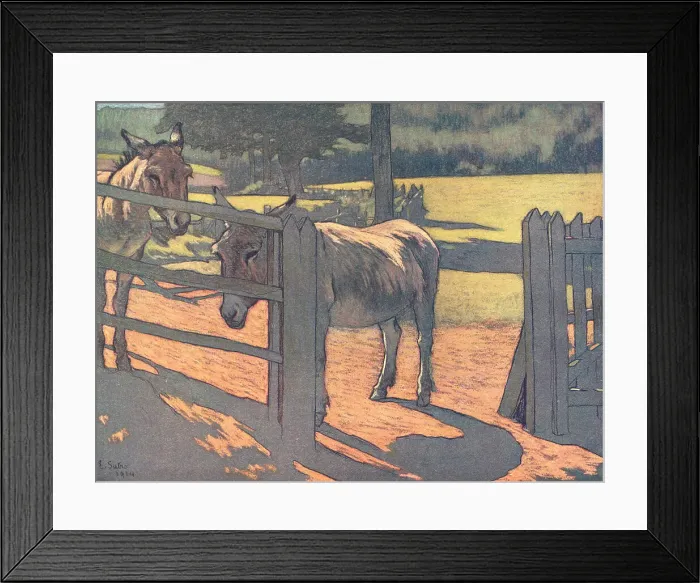 Framed Print : Donkeys. A painting of a pair of donkeys standing behind a fence Framed Print : Donkeys. A painting of a pair of donkeys standing behind a fence