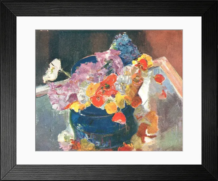 Framed Print : Poppies. A still life painting of a squat blue vase of mulicoloured poppy flowers Framed Print : Poppies. A still life painting of a squat blue vase of mulicoloured poppy flowers
