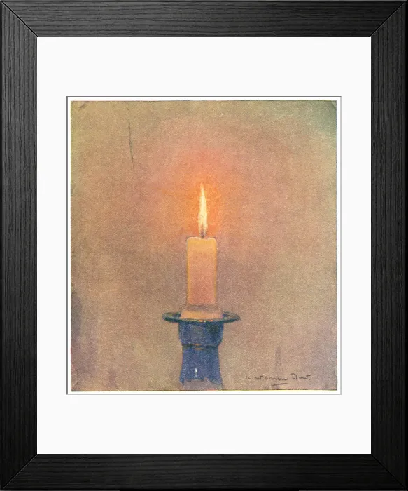 Framed Print : Candle. A somewhat sombre painting of a lit candle in a blue holder. Date: circa 1916 Framed Print : Candle. A somewhat sombre painting of a lit candle in a blue holder. Date: circa 1916