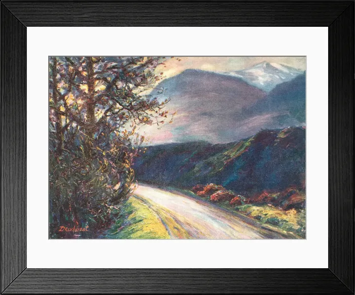 Framed Print : Idyll. A landscape painting of a quaint country road, with a high grass bank on one side, Framed Print : Idyll. A landscape painting of a quaint country road, with a high grass bank on one side,