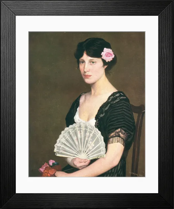 Framed Print : Rose. A portrait painting of a seated young woman, displaying a white fan Framed Print : Rose. A portrait painting of a seated young woman, displaying a white fan