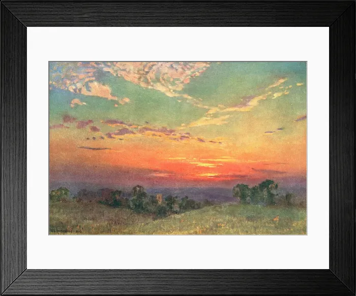Framed Print : Sunset. A landscape painting of some foreground shallow hills Framed Print : Sunset. A landscape painting of some foreground shallow hills
