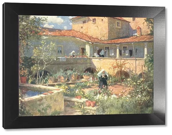 Convent. A painting which shows a courtyard of a convent, rich with potted