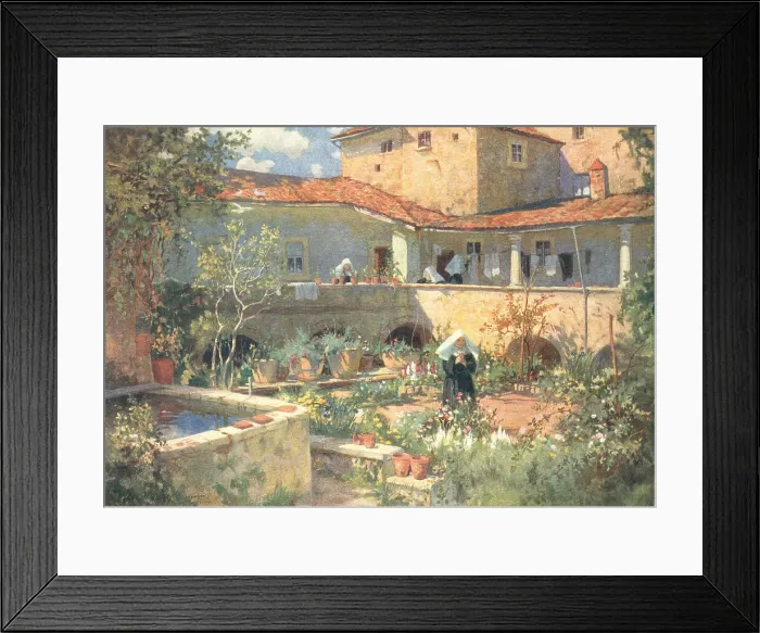 Framed Print : Convent. A painting which shows a courtyard of a convent, rich with potted Framed Print : Convent. A painting which shows a courtyard of a convent, rich with potted