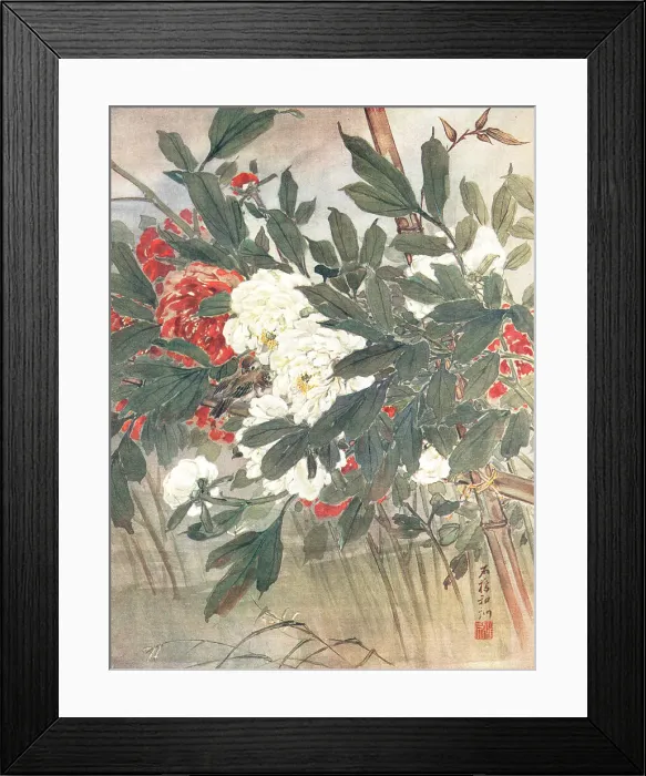 Framed Print : Peonies. A painting of some small birds, nestled amongst some large red Framed Print : Peonies. A painting of some small birds, nestled amongst some large red
