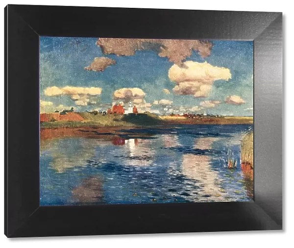 The Lake. A painting of some distant buildings sitatued on the peak of a hill,
