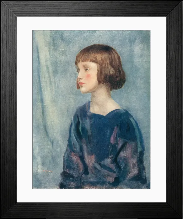 Framed Print : Calypso. A portrait painting of a young girl, seated, wearing a blue top, Framed Print : Calypso. A portrait painting of a young girl, seated, wearing a blue top,