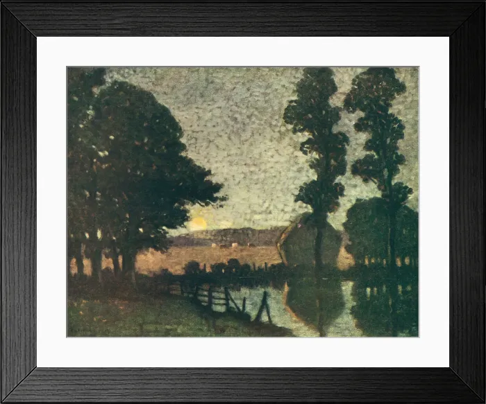 Framed Print : Moonrise. A landscape painting of a large, placid pond Framed Print : Moonrise. A landscape painting of a large, placid pond