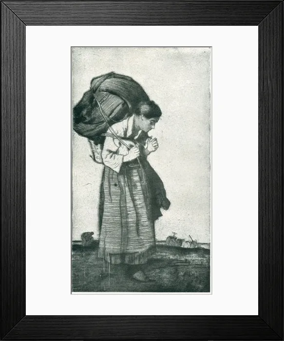 Framed Print : The Load. A portrait etching of a woman, carrying a burdensome load on her back outside Framed Print : The Load. A portrait etching of a woman, carrying a burdensome load on her back outside