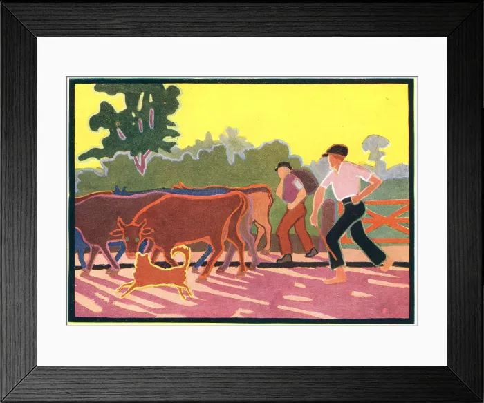 Framed Print : Cowherds. A painting, in poster style, of a pair of farmers Framed Print : Cowherds. A painting, in poster style, of a pair of farmers