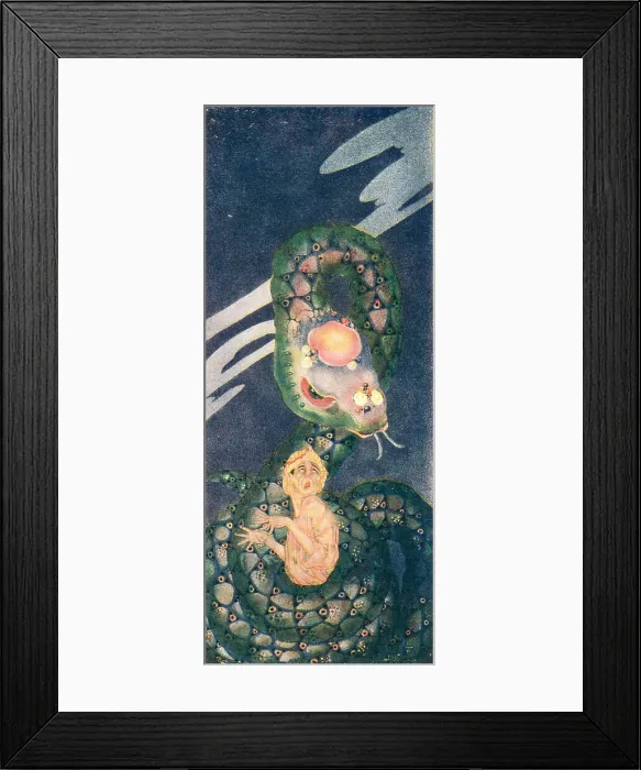 Framed Print : The Snake. A colourful book illustration of a petrified looking man Framed Print : The Snake. A colourful book illustration of a petrified looking man