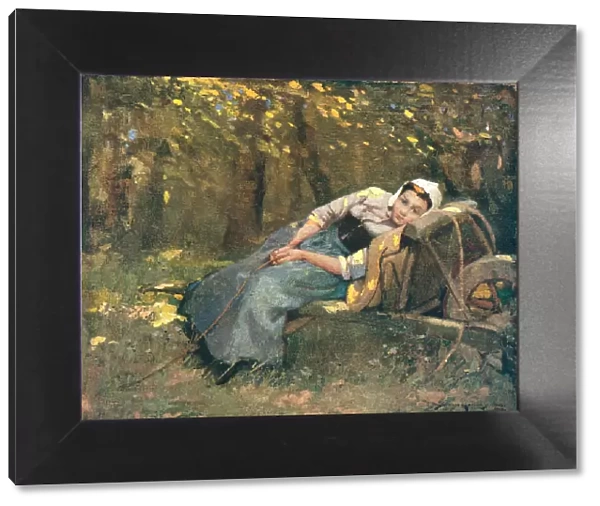 Resting. A portrait painting of a young woman sat on a crude bench by the edge of a forest