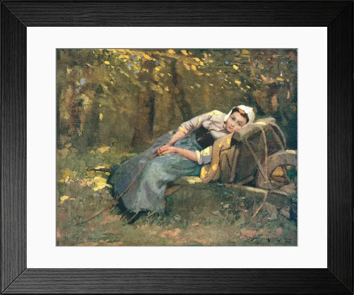 Framed Print : Resting. A portrait painting of a young woman sat on a crude bench by the edge of a forest Framed Print : Resting. A portrait painting of a young woman sat on a crude bench by the edge of a forest