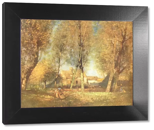 Kindlers. A landscape painting of a woman working in a clearing of a wooded area