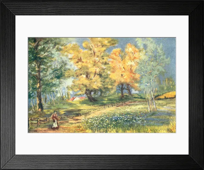 Framed Print : Landscape. A landscape painting of a woman travelling alongside a countryside fence Framed Print : Landscape. A landscape painting of a woman travelling alongside a countryside fence