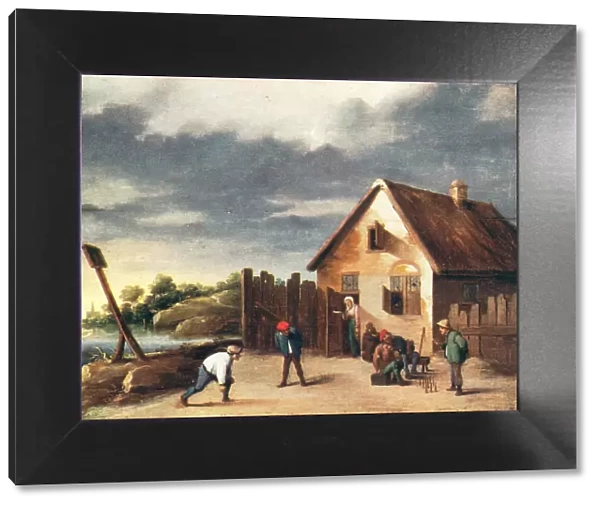 Skittles. A painting which depicts the scene of some figures playing skittles