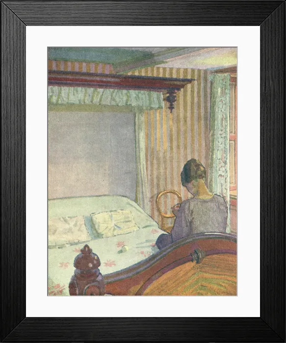 Framed Print : Interior. An oil painting which shows the back of a young woman, who is sitting on her bed Framed Print : Interior. An oil painting which shows the back of a young woman, who is sitting on her bed