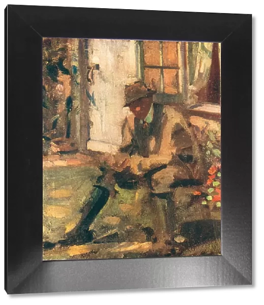 Sunlight. A portrait oil painting of a gentleman sat in the front garden