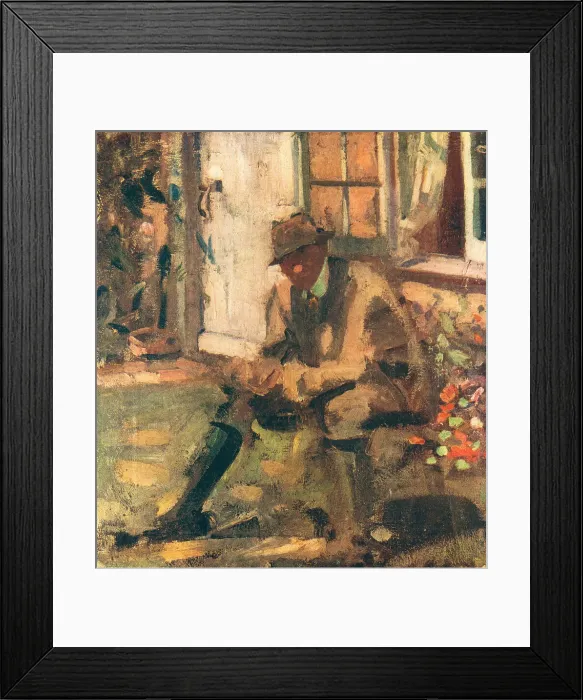 Framed Print : Sunlight. A portrait oil painting of a gentleman sat in the front garden Framed Print : Sunlight. A portrait oil painting of a gentleman sat in the front garden
