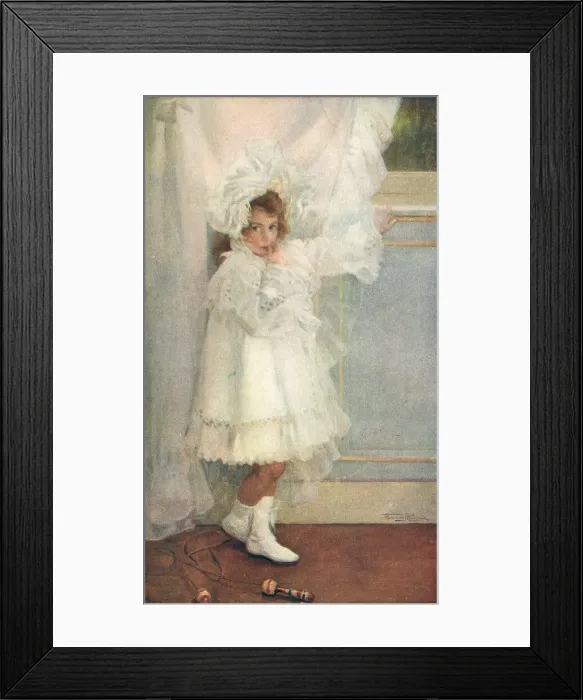 Framed Print : In White. A portrait painting of a young girl, wearing a distinctive white dress Framed Print : In White. A portrait painting of a young girl, wearing a distinctive white dress
