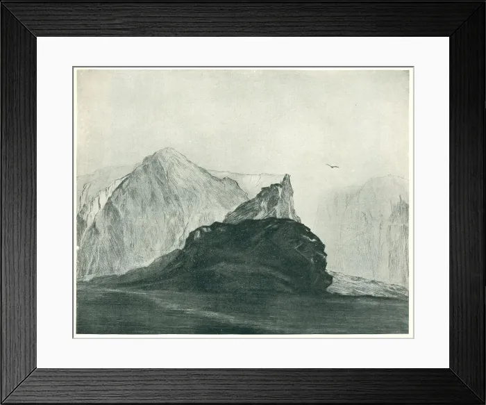 Framed Print : Desolate. A landscape etching of some mountainous cliff faces, swathed in both shadow Framed Print : Desolate. A landscape etching of some mountainous cliff faces, swathed in both shadow