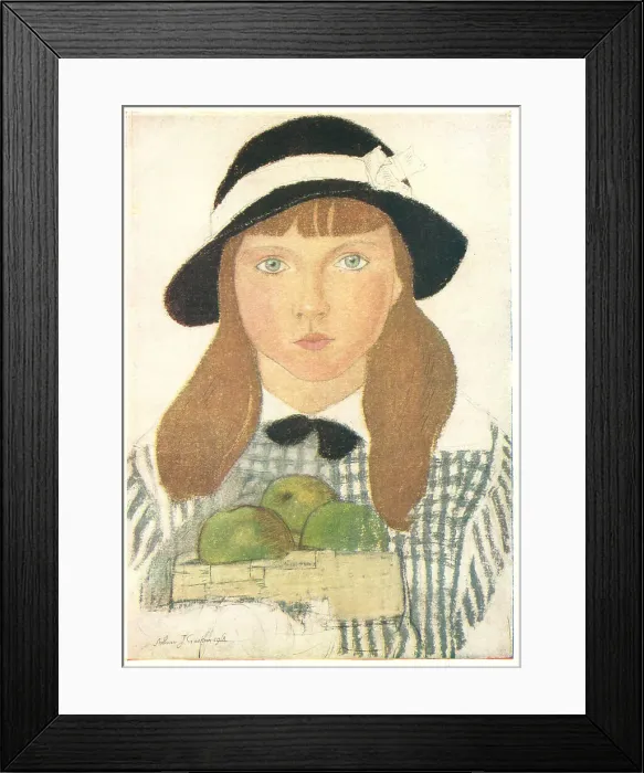 Framed Print : Apples. A portrait pastel painting of a young girl with long Framed Print : Apples. A portrait pastel painting of a young girl with long