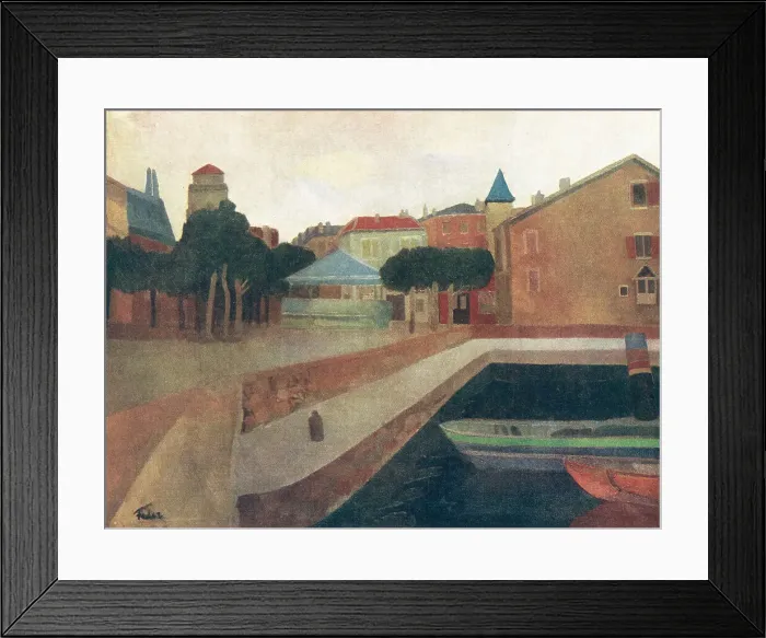 Framed Print : Landscape. A painting of a harbour town, with ships approaching the platform Framed Print : Landscape. A painting of a harbour town, with ships approaching the platform